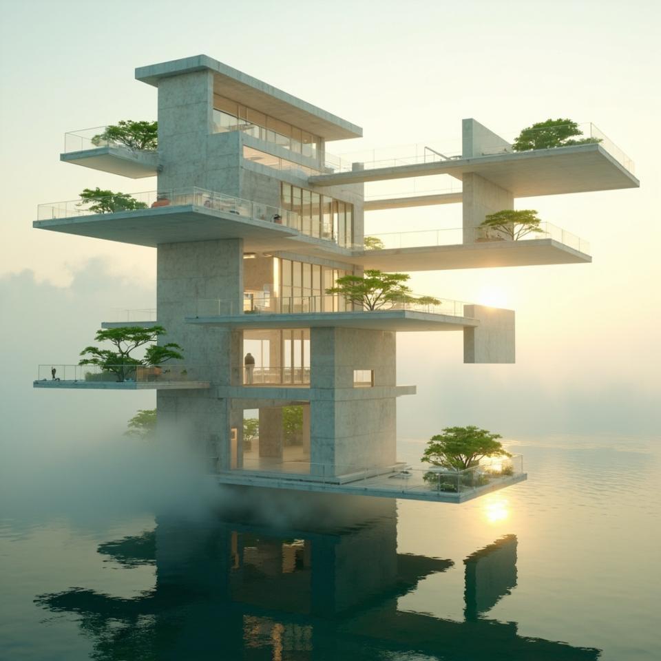 Llevo semanas obsesionado con una foto que tomé en un viaje a México hace tres años, un lago al amanecer donde el agua estaba completamente quieta, como si el tiempo se hubiera detenido. No podía sacármelo de la cabeza y quise llevarlo a otro nivel, algo que no existiera pero que pudiera sentirse real. Esta ciudad flotante es mi forma de volver a ese momento pero multiplicado por mil, como si la arquitectura pudiera soñar también.