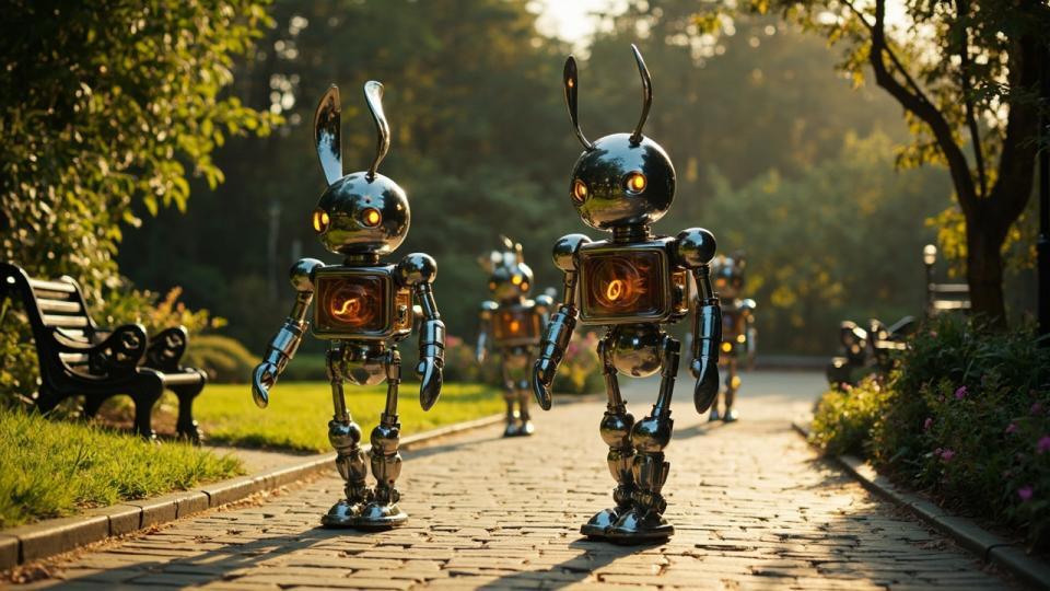 Empecé pidiendo robots conejo pero todo salía muy caricaturesco. Decidí tomar una foto antigua de un parque y combinarla con la idea, transformando esa imagen con mi estilo. El resultado tiene esa mezcla de lo viejo y lo futurista que buscaba.