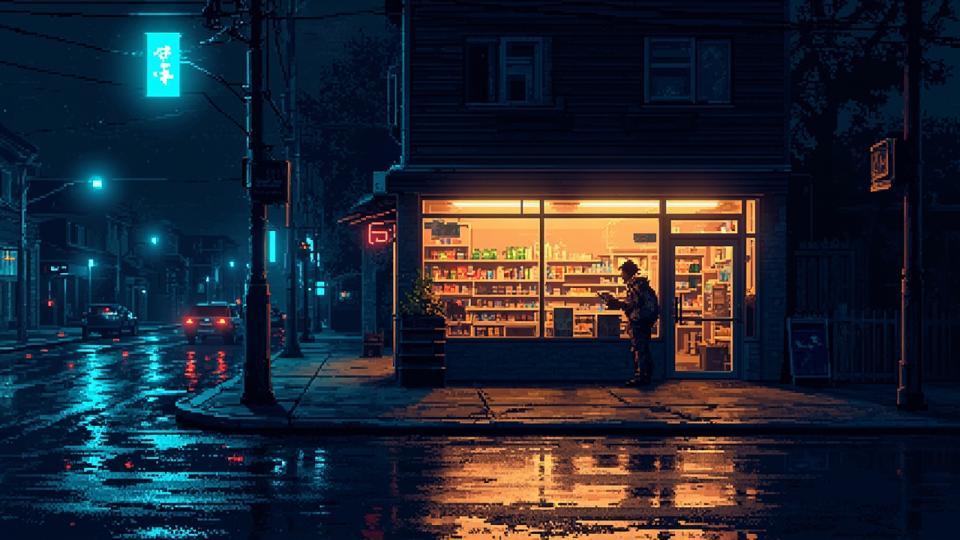 La clave fue encontrar el balance entre describir mucho y dejar que la IA completara los detalles. Probé primero pidiendo solo "tienda de conveniencia pixel art" y quedaba muy plano, entonces añadí la hora de la noche y la lluvia y todo cobró vida. Me gusta pensar que la imagen existe en algún pueblo pequeño donde nunca pasa nada, pero esa noche hay magia.